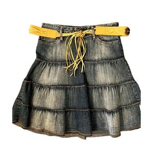 VTG Y2K Boho Festival Denim Mini‎ Skirt Sz  7 Layers Belt Grung